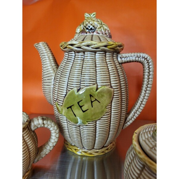Vintage Tilso Japan Tea Pot, Creamer & Covered Sugar Set Basket Weave - Picture 2 of 7